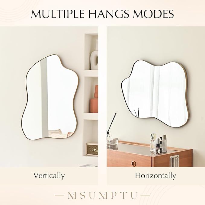 Irregular Wall Mirror Brass Wave Shaped Matel Framed Wall Mirror for Bathroom Bedroom Entryway Living Room Wall Decor 28" L x 20" W 2304G