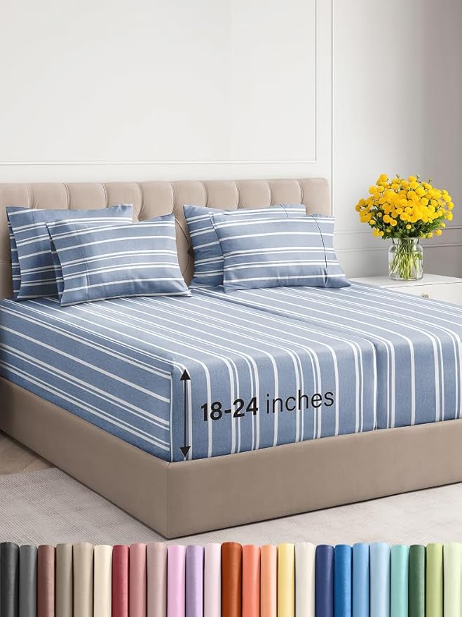 Extra Deep Split King Sheet Set - 7 Piece Breathable & Cooling Sheets - Hotel Luxury Bed Sheets Set - Easy Fit - Soft, Wrinkle Free & Comfy Sheets Set - Blue Striped Sheet Set w/Extra Deep Pockets