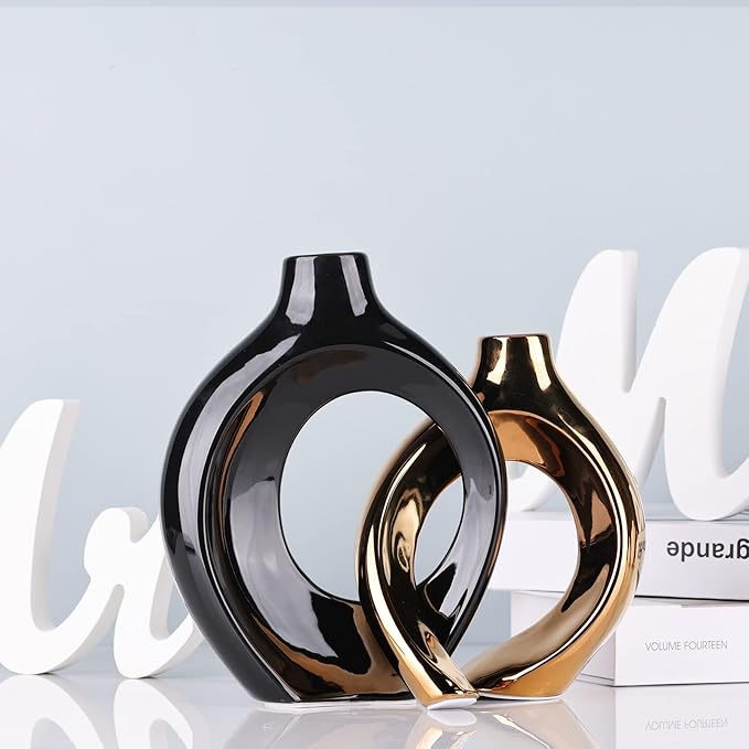 Black Gold Ceramic Vase Set of 2 for Modern Home Decor,Round Boho Vase for Pampas Grass,Neutral Minimalist Vase for Dining Room Table Centerpiece Dining Room,Wedding Table Decoration