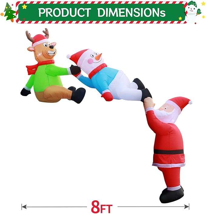 DomKom 8FT Christmas Inflatables Roof Outdoor Decorations, Climbing Santas with Reindeer and Snowman, LED Lights Holiday Blow Up Decoration for Outside Home Windows Eaves