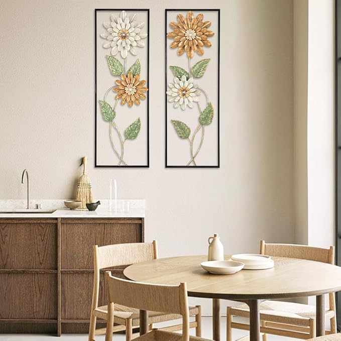 Metal Wall Art, Set of 2 Large Mordern Rectangular Wall Panels, Abstract Minimalist Flower Wall Décor for Living Room, Bedroom, Kitchen, Hallway Decoration