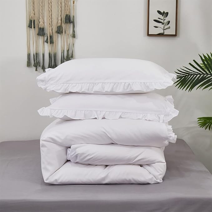 Wellboo White Comforters Full Size Solid White Shabby Chic Farmhouse Bedding Comforter Set Women Girls Ruffle Bed Quilt Boho White Lace Blankets Soft Vintage Rustic Floral Lace Comforter Set Durable