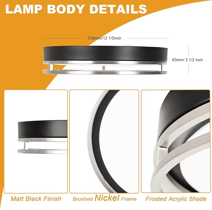12.5 Inch LED Flush Mount Ceiling Light Fixture, 26W, Super Bright 1700 Lumens, 3 Color 3000K/4000K/5000K, Dimmable Ceiling Lamp for Bedroom Hallway Bathroom Kitchen Laundry (Black Nickel)