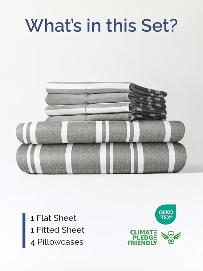 Extra Deep Queen Sheet Set - 6 Piece Breathable and Cooling Sheets - Hotel Luxury Bed Sheets Set - Easy Fit - Soft, Wrinkle Free and Comfy Sheets Set - Grey Striped Sheet Set with Extra Deep Pockets