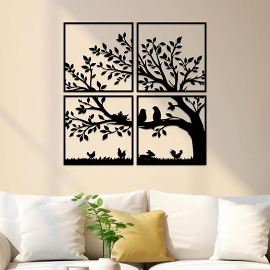 ruelen Wall Decor 4 Pieces Metal Birds and Branch Wall Art, Tree of Life Metal Wall Art, Black Leaves with Birds Silhouette Hanging Wall Sculpture for Indoor Home Bedroom Living Room Office Outdoor