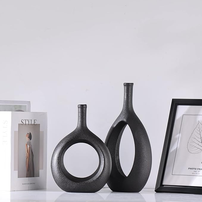 Black Ceramic Vase Set 2,Modern Hollow Circle with Hole Flower Vase for Home Decor,for Table Centerpieces,Farmhouse,Fire Place,Living Room,Bedroom,Office,Bookshelf,Rustic Decor