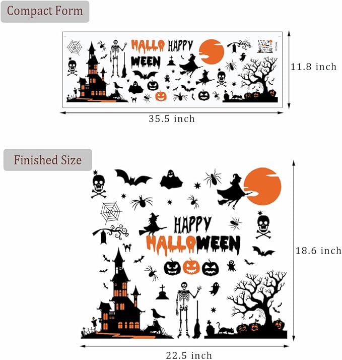 Happy Halloween Witch Wall Decals Halloween Moon Bat Wall Stickers Witch Bats Spiders Pumpkin Lantern Cat Halloween Window Decals Party Decorations.