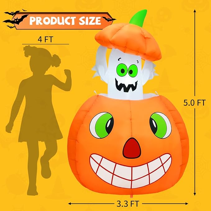 COMIN 5 FT Halloween Inflatables Animated Pumpkin Ghost Outdoor Decorations Blow Up Yard with Built-in LEDs for Indoor Party Garden Lawn Decor