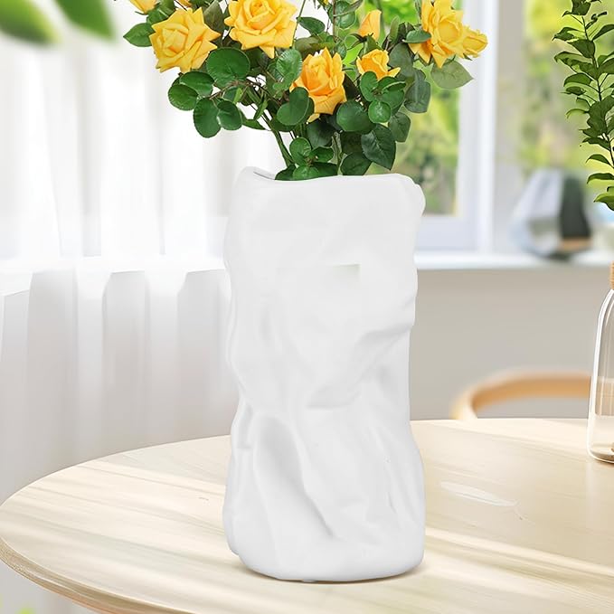 8.4" Paper Bag Vase, White Ceramic Vase, Handmade Irregular Crinkle Flower Vases, Unique Boho Minimalist Art Decorative Vase for Flowers, Modern Home Decor for Room Table Office Wedding Party