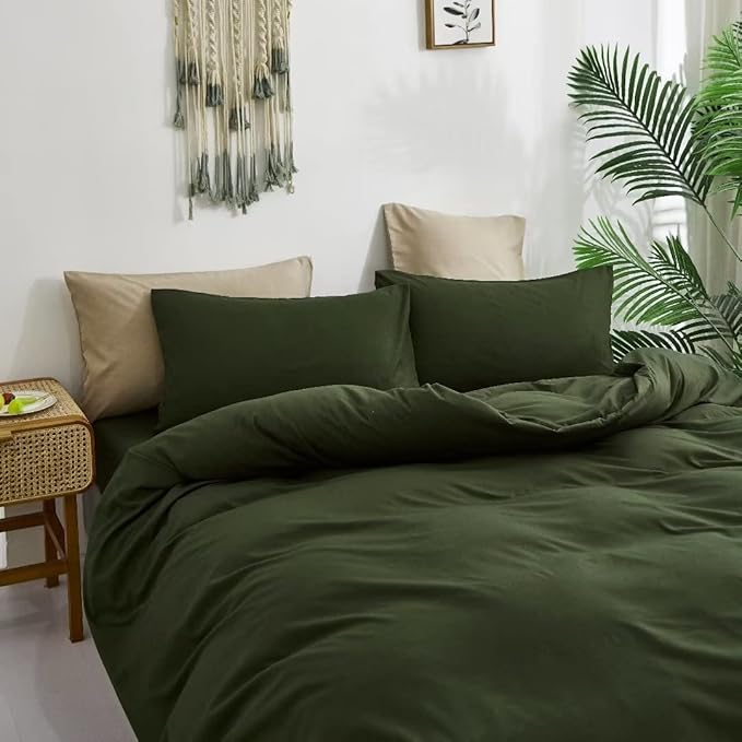 Wellboo Army Green Comforter Sets California King Solid Olive Green Boho Bedding Comforters Cal King Cotton Soft Cozy Dark Green Women Men Quilts Plain Army Green Modern Hunter Green Blankets Durable
