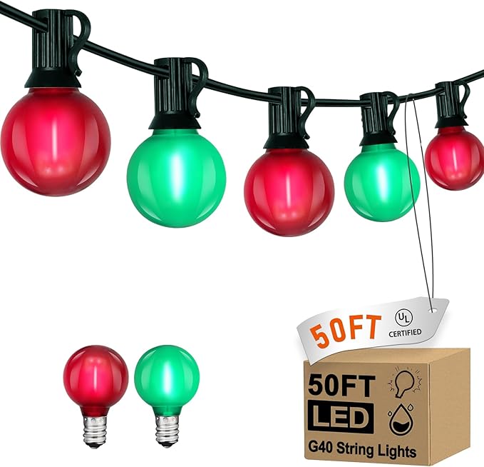 G40 LED Outdoor Christmas String Lights 50FT Hanging Globe String Light with 27 LED Shatterproof Frosted Red Green Lights(2 Spare), Waterproof Patio String Lights for Balcony Backyard Pergola Decor