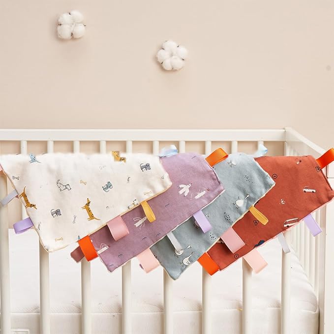 Baby Tags Security Blanket, Sensory Soothing Blanket with Tags,Dotted Backing Taggies Blanket for 3-12 Months Boys and Girls. (Duck)