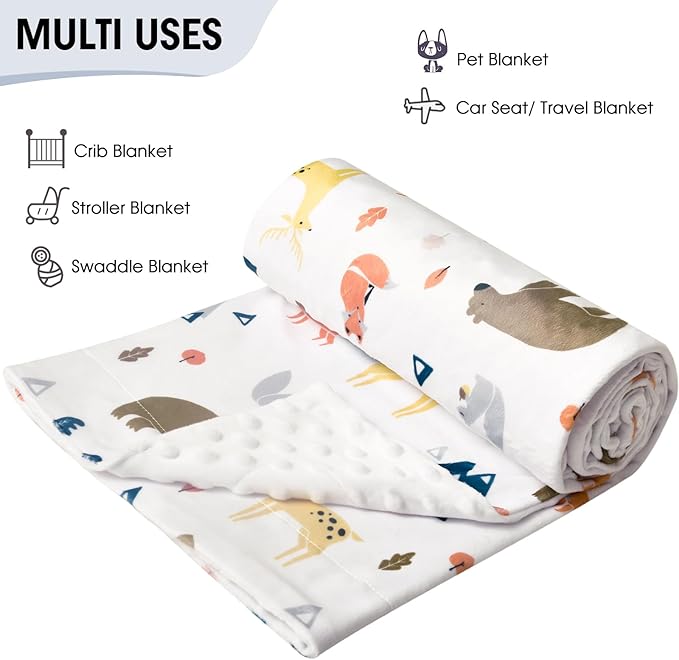 Minky Baby Blanket for Boys Girls Neutral, Soft Lightweight Micro Fleece Blanket with Double Layer, Dotted Backing, Receiving Blanket for Newborns, 30x40 Inches, Woodland Animals