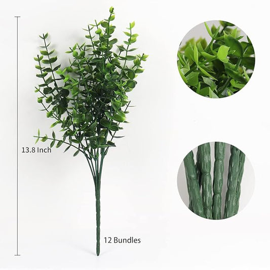 RECUTMS Artificial Boxwood Stems Fake Plant 12 Large Pieces, Faux Farmhouse Greenery Shrubs to Brighten up Your Wedding Home Kitchen Garden Patio Yard Indoor Outdoor Decor(Eucalyptus)