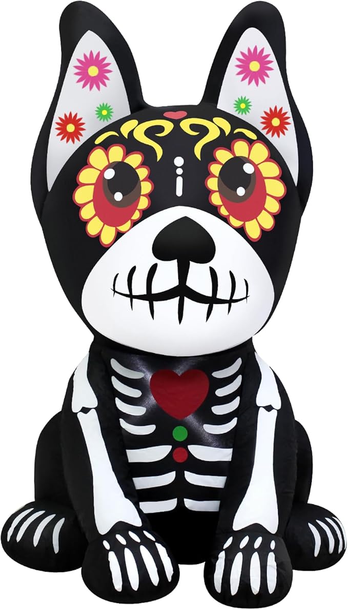 4FT Halloween Inflatables Dia de Los Muertos Dog Outdoor Decorations Blow Up Yard Colorful Skull Dog with Built-in LEDs for Indoor Party Garden Lawn Decor