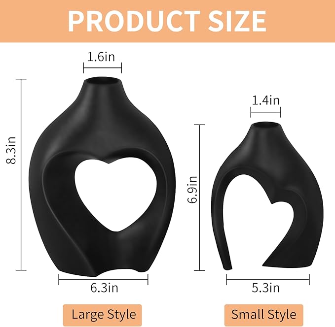 Black Vases for Decor, Heart Shaped Ceramic Vase Set of 2, Nordic Modern Boho ins Style Decorative Ceramic Aesthetic Flower Vase for Home Decor, Living Room Office House Decoration