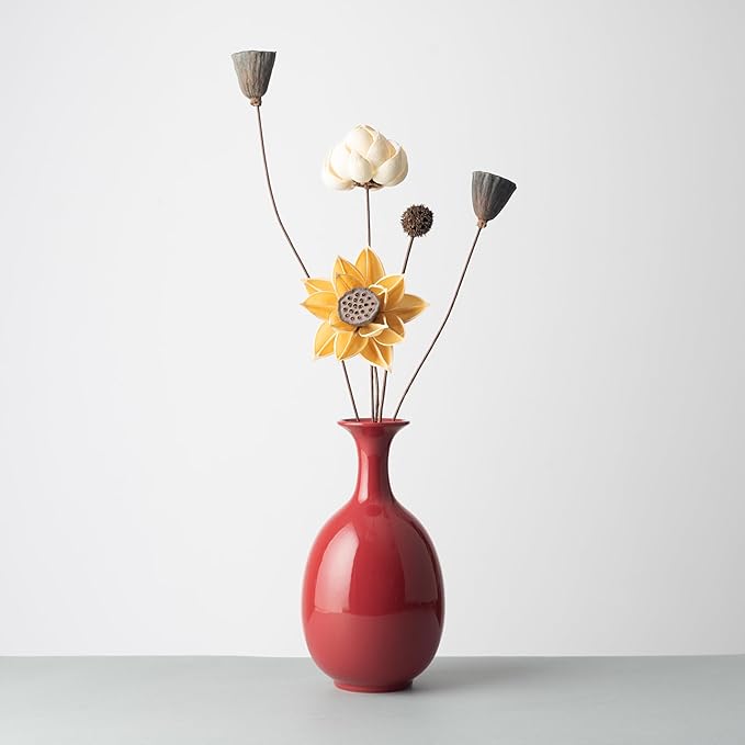 Red Ceramic Vase,8.66 INCH Handmade,Home Decorative Vase, Kitchen, Bedroom, Office, Living Room, Bathroom, Book Shelf Centerpiece Table Decorations (Vermilion Red Without Flowers)