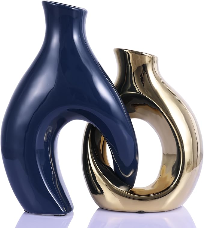 Ceramic Decorative Vase 2 Piece Set, Bohemian Style Openwork Blue and Gold Decorative Vase, Home Decor Aesthetics for Kitchen Cabinets, Office, Bedroom, Dresser, Entryway Table Decoration.