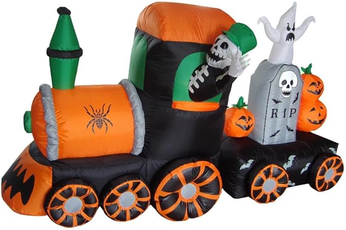 7 Foot Long Halloween Inflatable Skeleton on Train LED Lights Outdoor Indoor Holiday Decorations, Blow up Lighted Yard Decor, Giant Lawn Inflatable Home Garden Party Favor Decoration