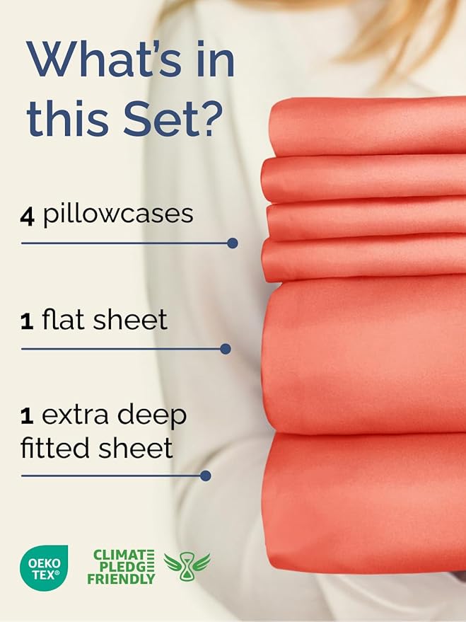 Extra Deep Full Sheet Set - 6 Piece Breathable and Cooling Sheets - Hotel Luxury Bed Sheets Set - Easy & Secure Fit - Soft, Wrinkle Free and Comfy Sheets Set - Coral Sheet Set with Extra Deep Pockets