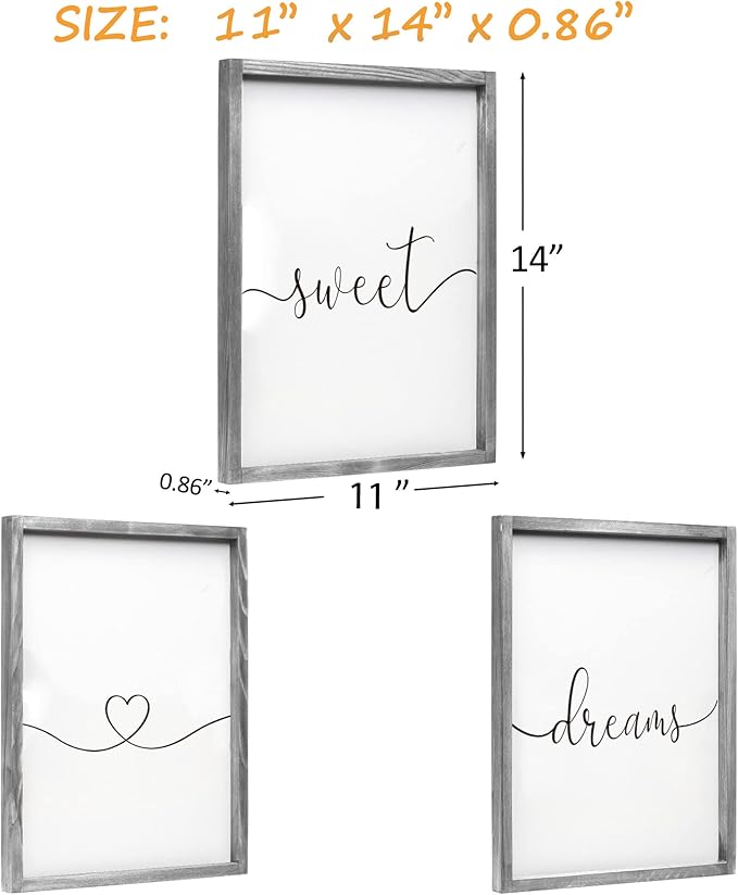 Set of 3 Framed Farmhouse Sweet Dreams Sign 11x14” Above Bed Wall Decor for Bedroom Decor Wall Art Wood Signs (11"x14", Gray)