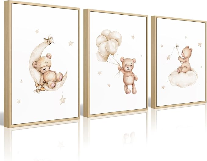Bear Nursery Wall Art Decor Set of 3 Teddy Bear Canvas Wall Art Baby Boy Nursery Decor Prints Neutral Pictures Moon Star Cloud Print for Girls Children Room 16x24 Inch FRAMED
