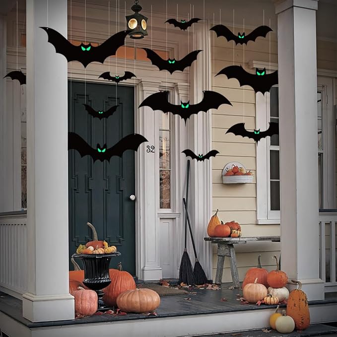 16Pcs Halloween Hanging Bats Decorations Outdoor, Large Flying Bats with Glowing Eyes for Halloween Tree Hanging Decorations Outside…