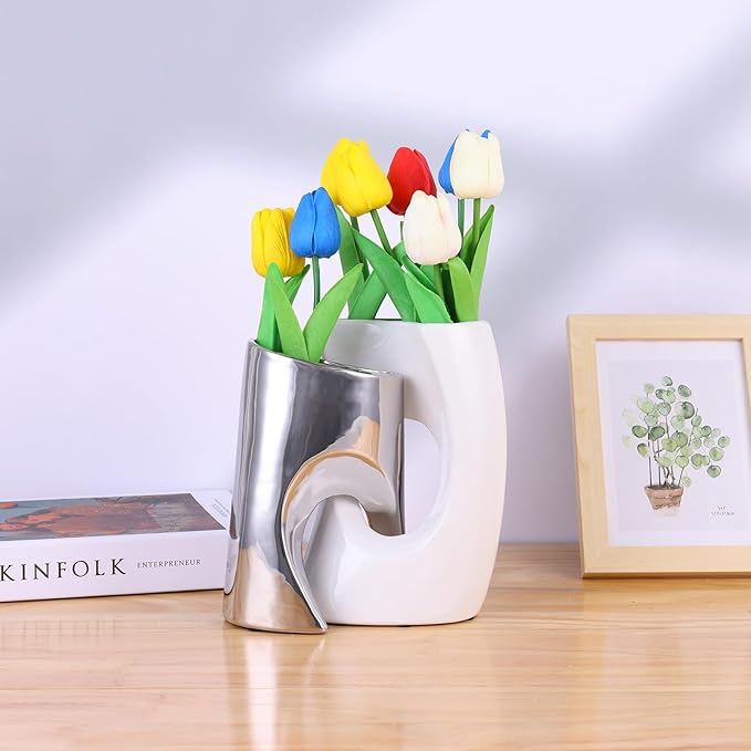 White and Silver Vase Set of 2, Nordic Modern Ins Style Vases, Boho Ceramic Vases for Centerpieces, Mid Century Abstract Donut Vase, Unique Funky Vase for Wedding, Decorative Pampas Grass Vase Decor