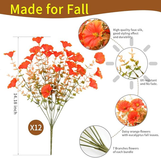 Artificial Fall Flowers Fake Plants for Outdoor Autumn Decoration, 12 Bundles Silk Orange Morning Glory UV Sun Resistant Realistic Faux Flowers for Window Box Porch Patio Yard Balcony (Fall Plants)