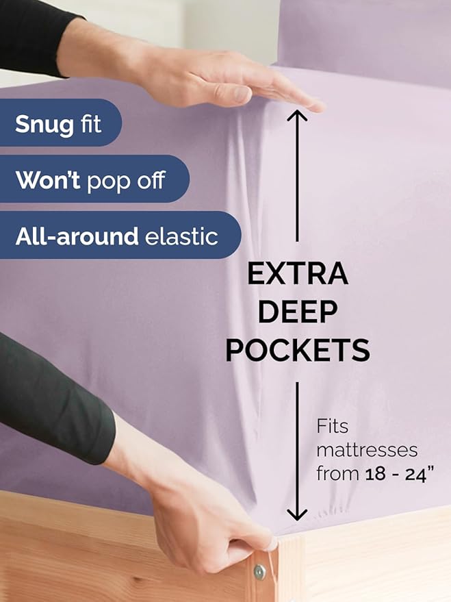 Extra Deep Queen Sheet Set - 6 Piece Breathable and Cooling Sheets - Hotel Luxury Bed Sheets Set - Easy Fit - Soft, Wrinkle Free and Comfy Sheets Set - Light Lavender Sheet Set with Extra Deep Pockets
