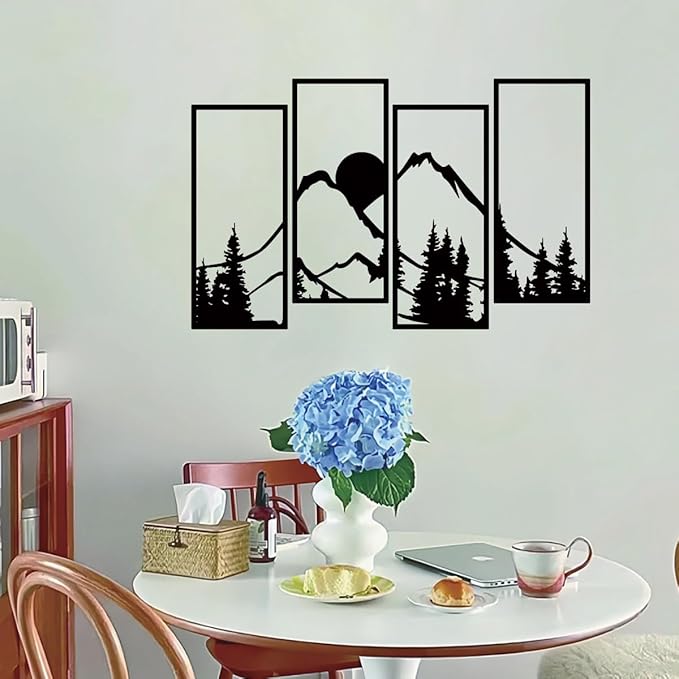 ruelen 4 Pcs Metal Sunset Mountain Forest Wall Decor, Abstract Minimalist Line Drawing Large Mountains Wall Art Home Decor for Living Room Bathroom Bedroom Office Indoor And Outdoor (Black, Large)