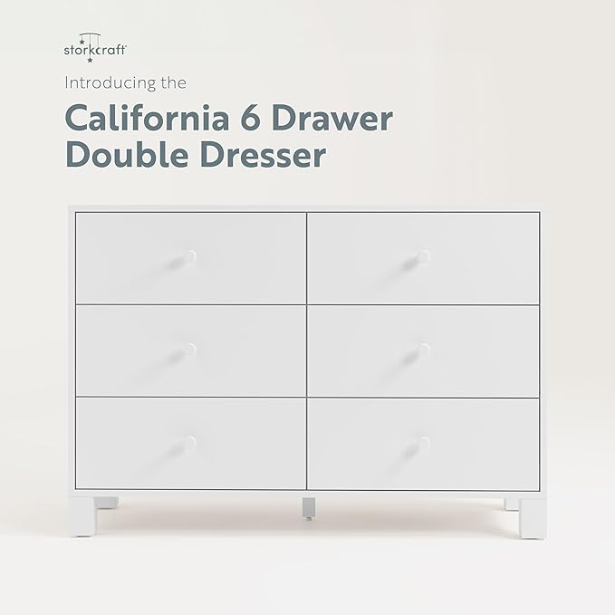 Storkcraft California 6-Drawer Double Dresser (White) - GREENGUARD Gold Certified, Interlocking Drawer System, Dresser Drawer Organizer for Kids Bedroom