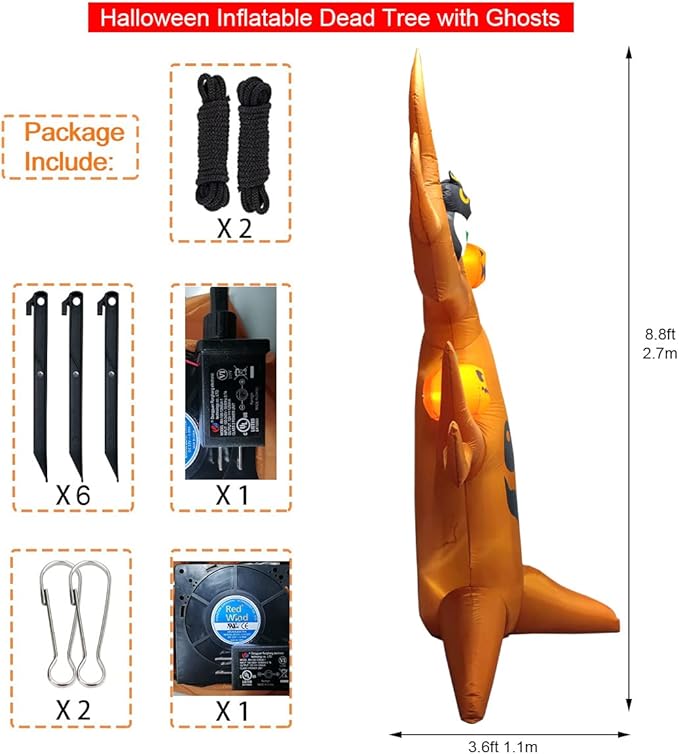 9ft Halloween Inflatables Blow Up LED Inflatable Dead Tree with Ghost and Pumpkins for Outdoor Indoor Garden Yard Lawn Party Holiday Decoration