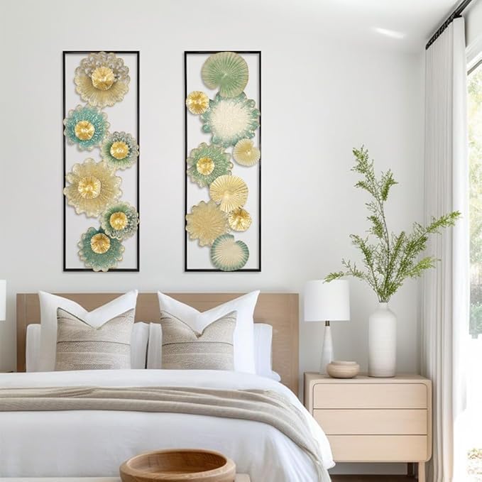 Metal Wall Art, Set of 2 Large Mordern Rectangular Wall Panels, Abstract Minimalist Flower Wall Décor for Living Room, Bedroom, Kitchen, Hallway Decoration