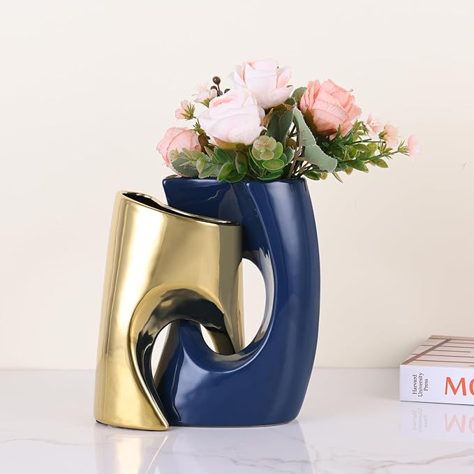 Blue and Gold Vase Set of 2, Nordic Modern Ins Style Vases, Boho Ceramic Vases for Centerpieces, Mid Century Abstract Donut Vase, Unique Funky Vase for Wedding, Decorative Pampas Grass Vase Decor