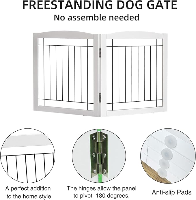 ZJSF Freestanding Foldable Extra Wide Wooden White Indoor Puppy Gate - 2 Panels Tall Dog Fence