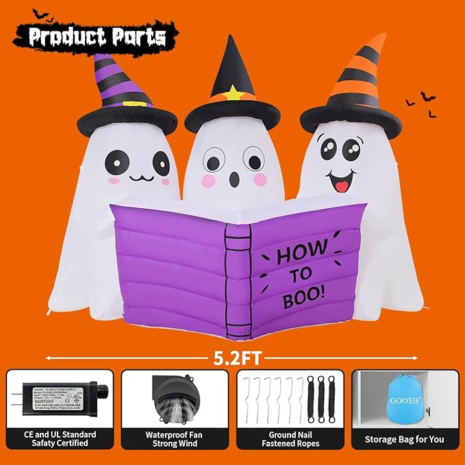 GOOSH 5.2FT Long Halloween Inflatables Ghost Outdoor Decoration Blow Up Yard Cute Ghosts Reading Book with Built-in LEDs for Indoor Party Garden Lawn Holiday Decor