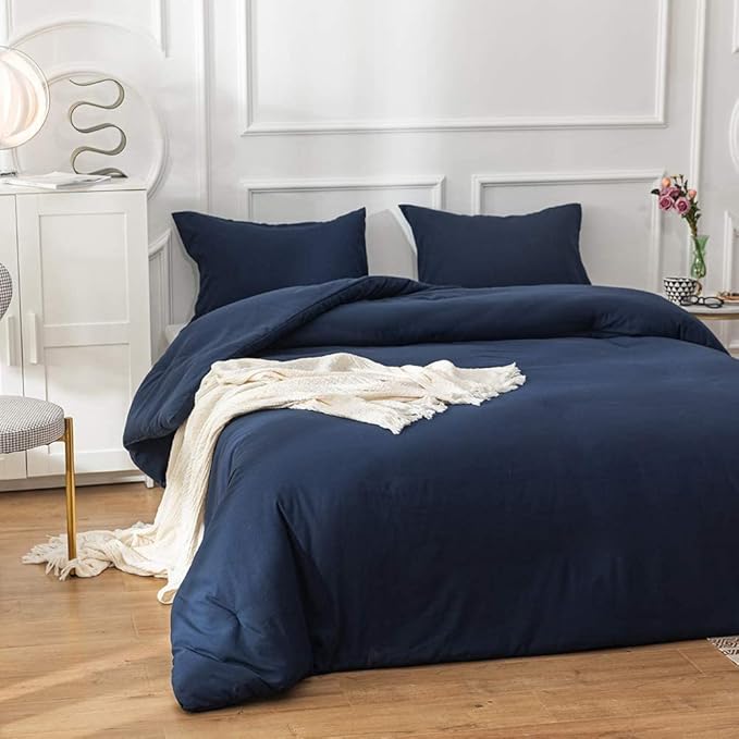 Wellboo Dark Blue Comforter Set, Queen Size, Solid Blue, Minimalist, Adults, Comfy, Modern Classic Bed Comforter