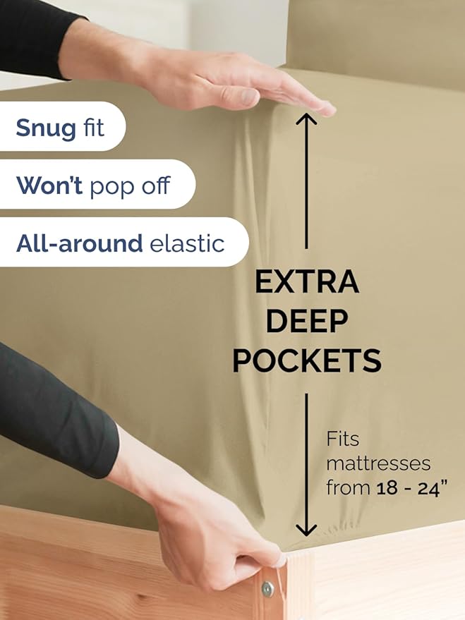 Extra Deep King Sheet Set - 6 Piece Breathable and Cooling Sheets - Hotel Luxury Bed Sheets Set - Easy & Secure Fit - Soft, Wrinkle Free and Comfy Sheets Set - Beige Sheet Set with Extra Deep Pockets