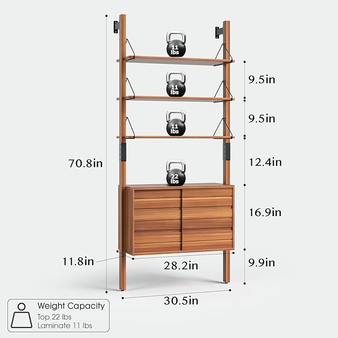 Ladder Bookshelf with Storage Cabinet, Mid Century Modern Bookcase, Wall Mounted Bookshelf with Wood and Metal Frame, 6 Tier Open Display Rack for Living Room, Bedroom, Home Office, Cherry