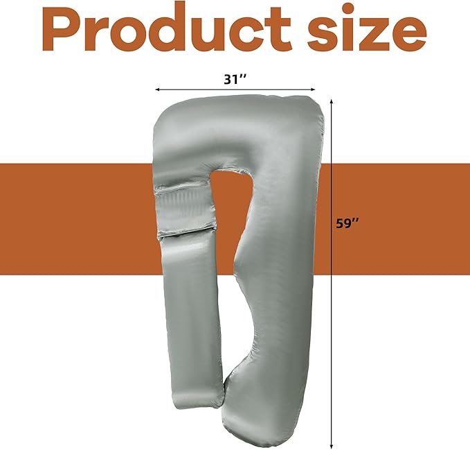 HOMBYS Silky Satin Pregnancy Pillow Cover (ONLY Pillowcase), Luxurious Smooth Maternity Pillow Cover, U Shaped Soft & Breathable Large Pillow Protector for Side Sleeper, 58.6" L x 30.9" W, Dark Grey
