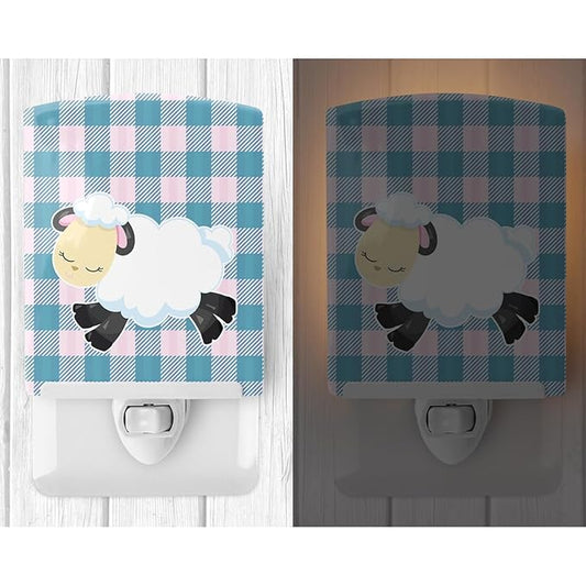 Caroline's Treasures BB6874CNL Sheep on Blue Gingham Ceramic Night Light Compact, UL-Certified, Ideal for Bedroom, Bathroom, Nursery, Hallway, Kitchen, 6x4x3, Multicolor