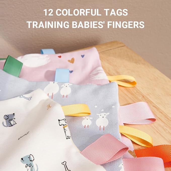 Baby Tags Security Blanket, Sensory Soothing Blanket with Tags,Dotted Backing Taggies Blanket for 3-12 Months Boys and Girls. (Sheep)