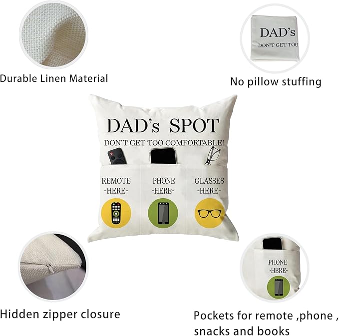 Father's Day Throw Pillow Case, Dad's Spot Throw Pillow Covers 18 x 18 Inch,Dad Gifts from Daughter Son,Birthday Christmas Thanksgiving Day Gifts for Papa Stepdad ,3-Pocket