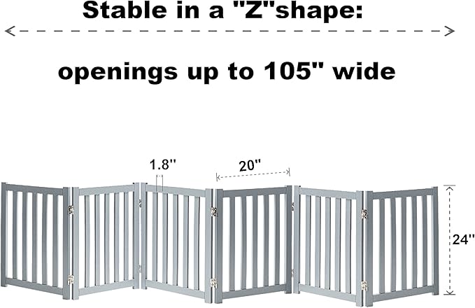 LZRS 6-Panel Extra-Wide Freestanding Wooden Dog Gate – 24”High Foldable Safety Pet Barrier for Doorways, Hallways, Kitchens, and Long Staircases, Durable Design fit Small to Medium Dogs, Grey