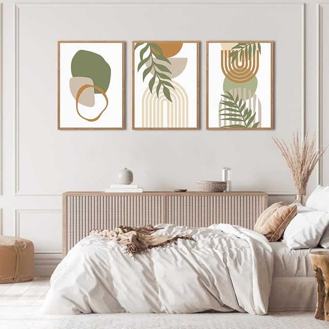 IARTTOP Sage Green Boho Wall Art Framed Abstract Bohemian Canvas Wall Art Mid Century Modern Wall Decor For Living Room Bedroom Office 12x16 Inch Set Of 3