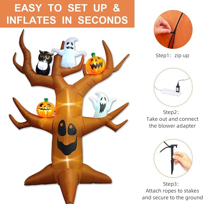 9ft Halloween Inflatables Blow Up LED Inflatable Dead Tree with Ghost and Pumpkins for Outdoor Indoor Garden Yard Lawn Party Holiday Decoration