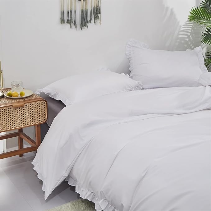 Wellboo White Comforters Full Size Solid White Shabby Chic Farmhouse Bedding Comforter Set Women Girls Ruffle Bed Quilt Boho White Lace Blankets Soft Vintage Rustic Floral Lace Comforter Set Durable