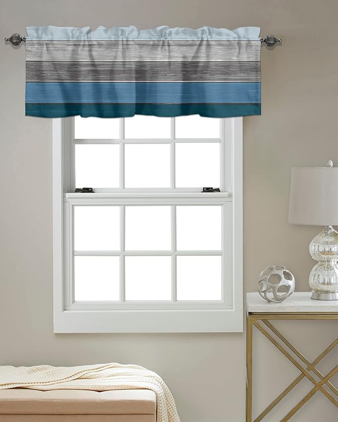 Farmhouse Kitchen Curtains Valances for Windows ,Blue Gray Ocean Hues Rod Pocket Country Window Treatment for Kitchen /Living Room/Bedroom/ Bathroom,42" X 18" -1 Panel, Retro Rustic Barn Wood Texture