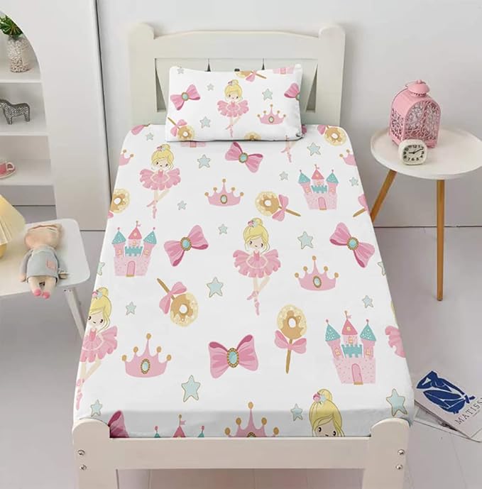 Dancing Princess Fitted Sheet Set Full for Kids Girls Teens Castle Crown Pattern Bed Sheet 2 Piece 3D Print Pink Dreaming Style Sheet Set